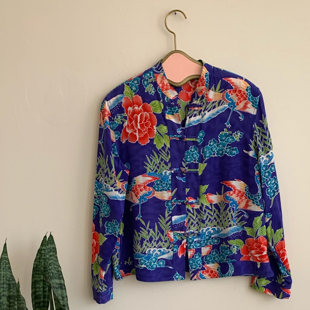 Chico's Vibrant Purple Floral & Crane Button-Front Blouse